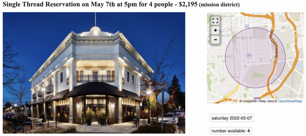 Craigslist ad for restaurant reservation